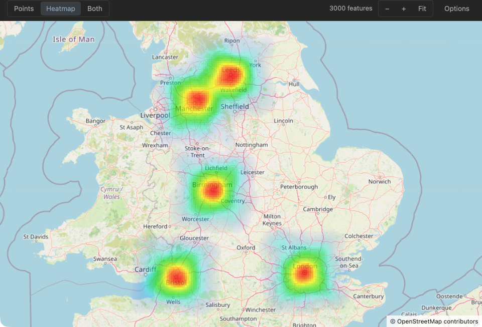 The map window in Heatmap mode over three thousand points: a blue-to-red density layer on the street map, one hot spot per city.