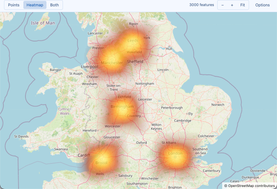 A heatmap opened by a -- sqlly map: line with mode=heatmap, weight=orders and palette=fire: heat follows order volume rather than row count.