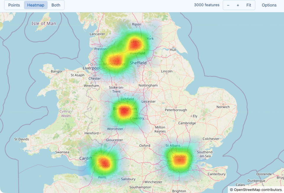 The map window in Heatmap mode over three thousand points: a blue-to-red density layer on the street map, one hot spot per city.