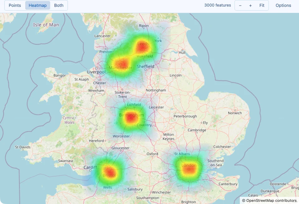 A heatmap of three thousand points over England with five round hot spots, drawn in SQLly's new map view