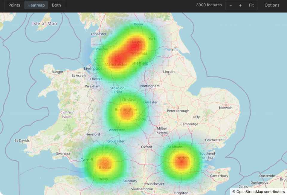 The same heatmap at a large radius: neighboring clusters merge into broad regions of heat.