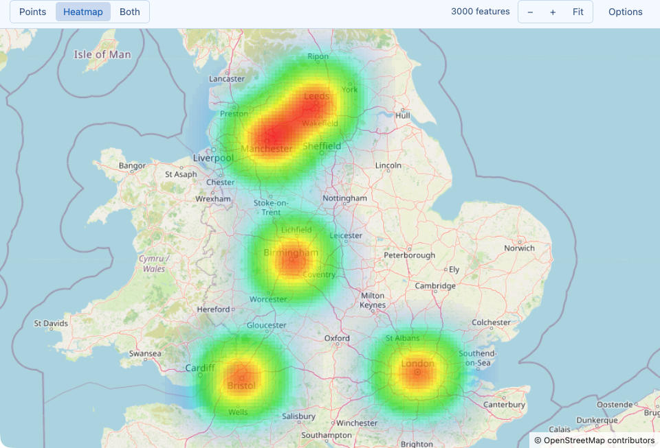The same heatmap at a large radius: neighboring clusters merge into broad regions of heat.
