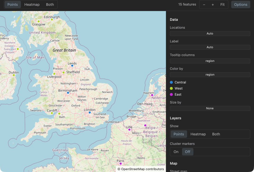 The map's Options panel: Data, Layers, and Map sections, a color legend, and the -- sqlly map: line with Copy and Write to Query.