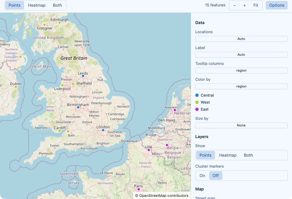 The map's Options panel: Data, Layers, and Map sections, a color legend, and the -- sqlly map: line with Copy and Write to Query.