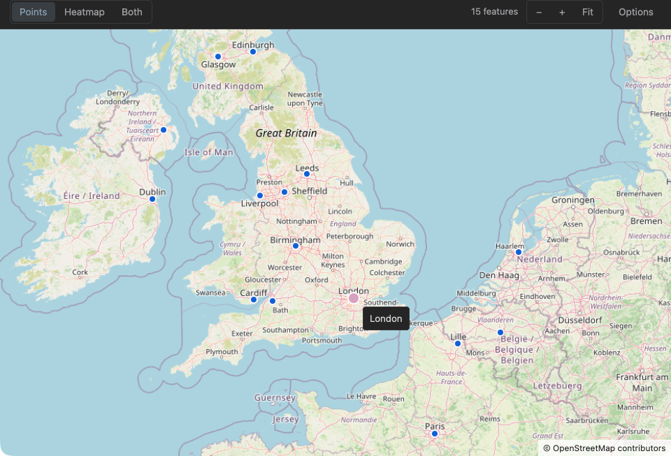 The map window over a result with longitude and latitude columns: OpenStreetMap tiles, one marker per row, a hover label, and the Points/Heatmap/Both, zoom, Fit, and Options controls in the toolbar.
