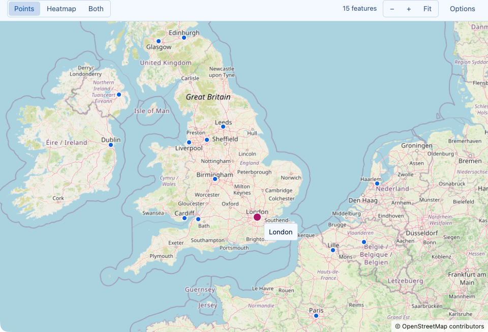The map window over a result with longitude and latitude columns: OpenStreetMap tiles, one marker per row, a hover label, and the Points/Heatmap/Both, zoom, Fit, and Options controls in the toolbar.