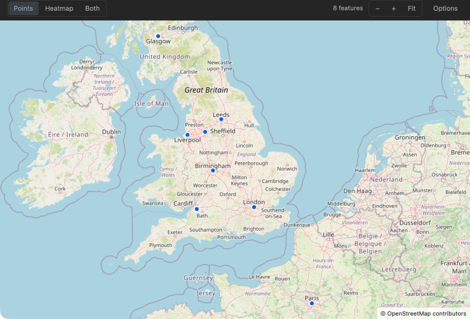 A Redis GEOSEARCH WITHCOORD reply on the map: each store member as a point on the street map.