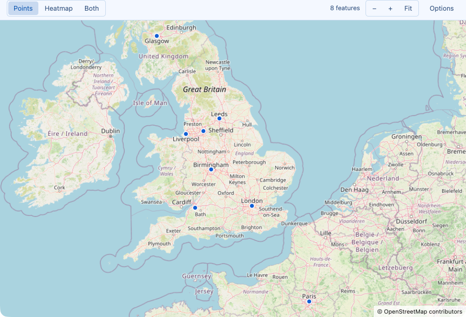 A Redis GEOSEARCH WITHCOORD reply on the map: each store member as a point on the street map.