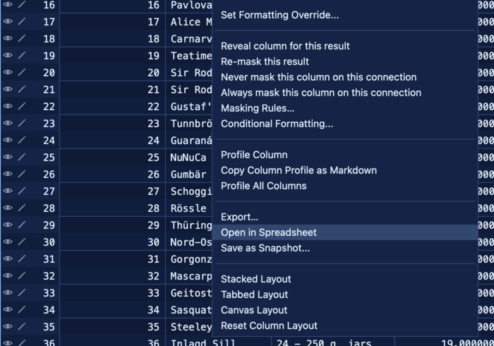 The result grid's right-click menu with Open in Spreadsheet, next to Export.