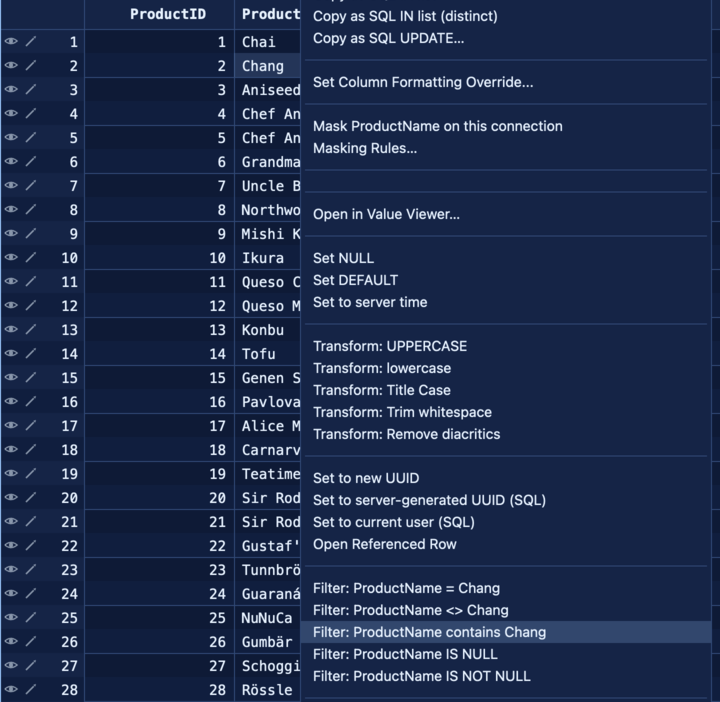 Right-click a cell: quick-filter entries seed the grid's filter bar and apply immediately.