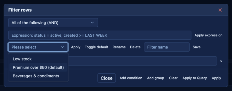 Saved filters for the current query: apply, rename, delete, or make one the default.