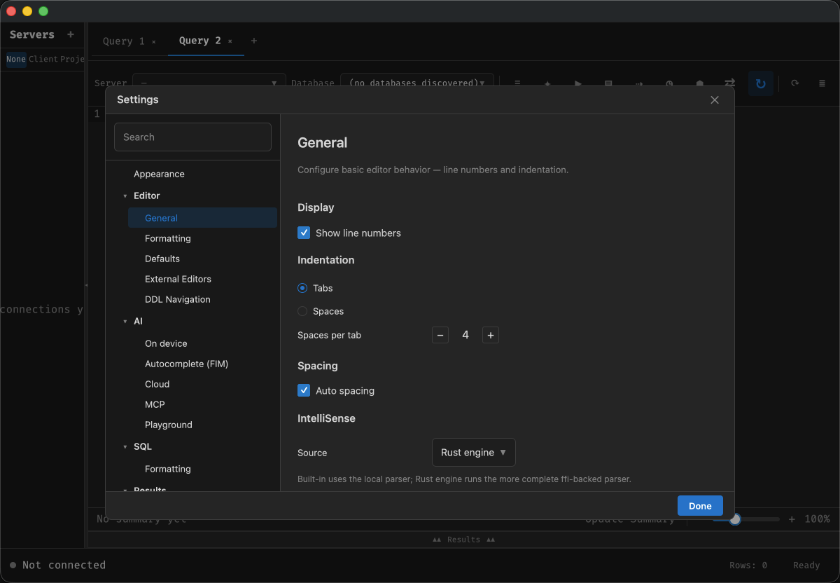 SQLly settings panel showing IntelliSense Source set to Rust engine, with tabs/spaces and auto spacing options