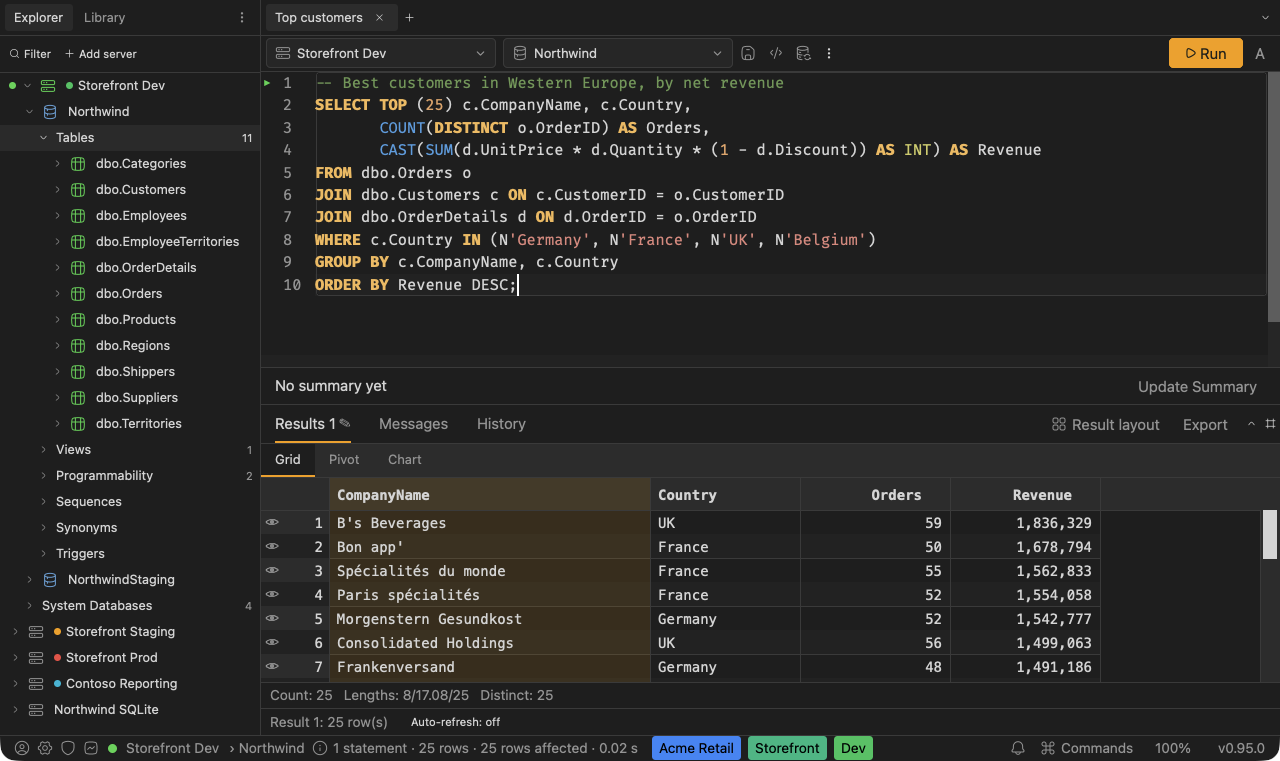 SQLly in the Amber Dark theme: warm dark neutrals with an amber accent
