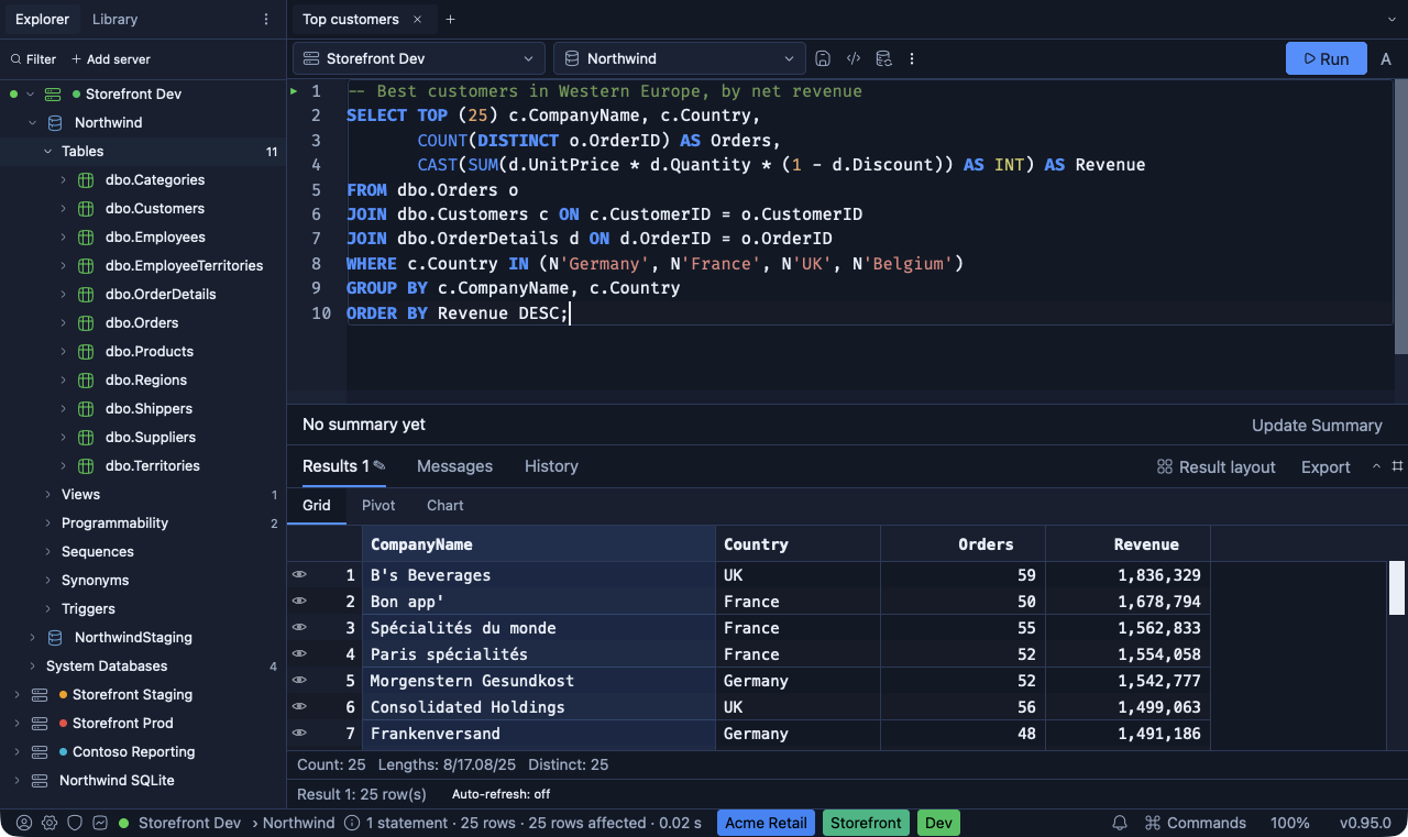 SQLly in the Cobalt Dark theme: charcoal-blue surfaces with a cobalt accent