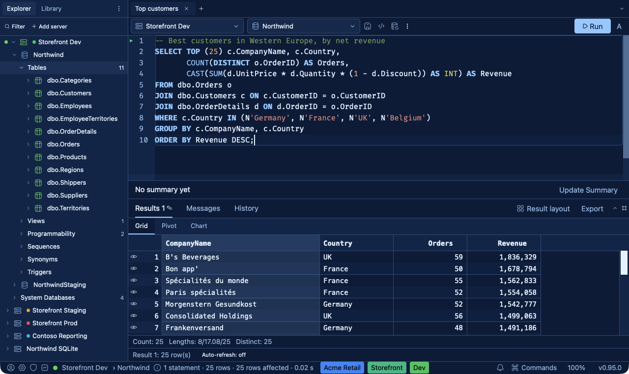 SQLly in the default Dark theme: deep navy canvas with an ice-blue accent