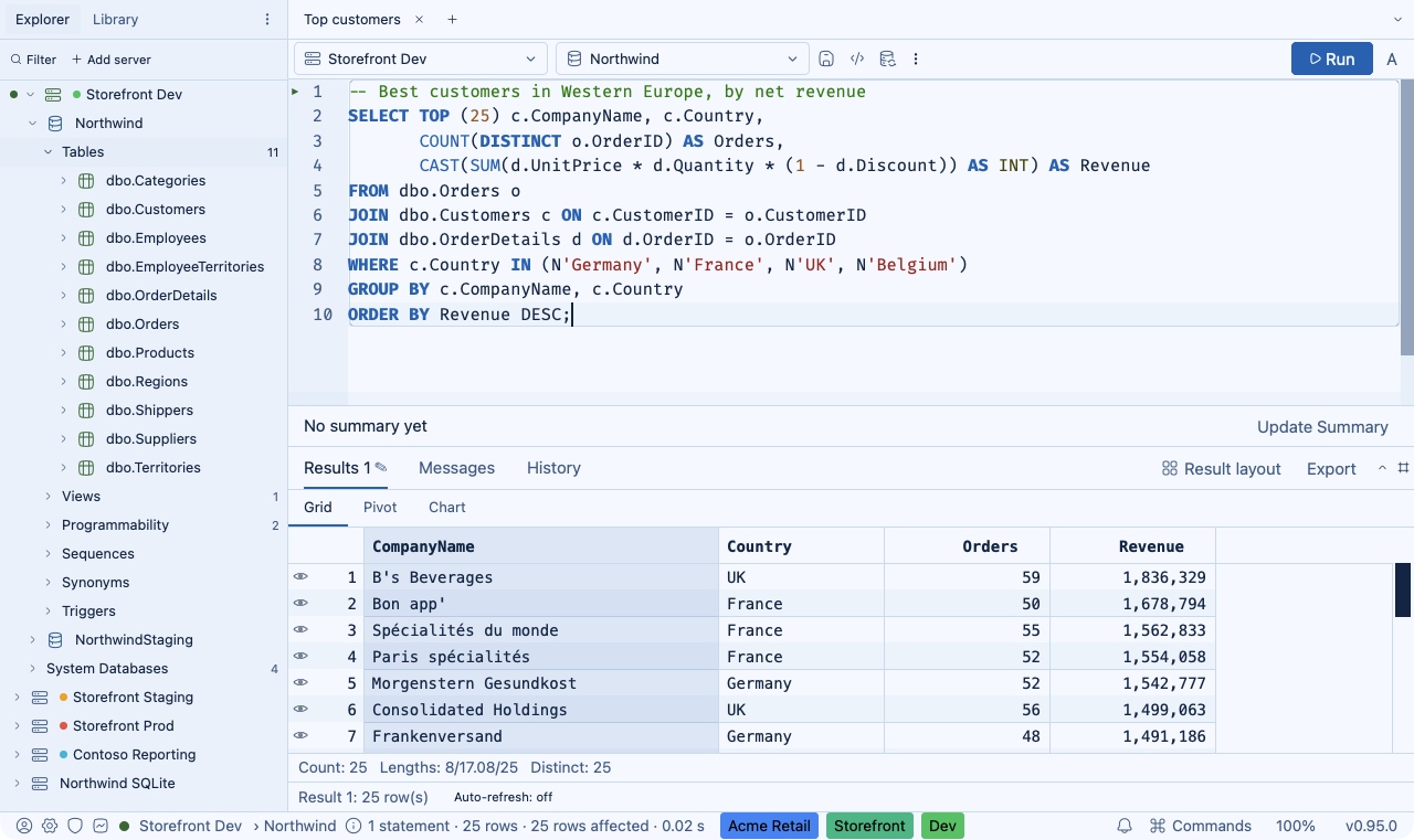 SQLly in the default Light theme: icy blue-tinted canvas, navy text, azure accent