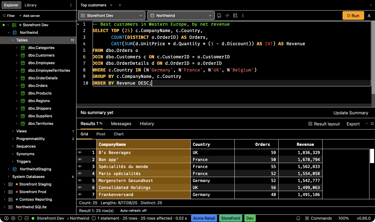 SQLly in the High Contrast Dark theme: black canvas, white text, and bright amber highlights