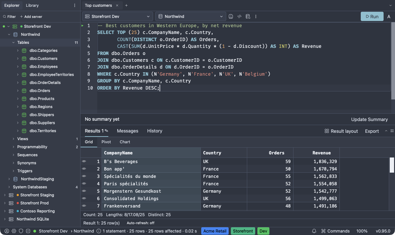 SQLly in the Nordic Dark theme: slate surfaces with a frosty blue accent