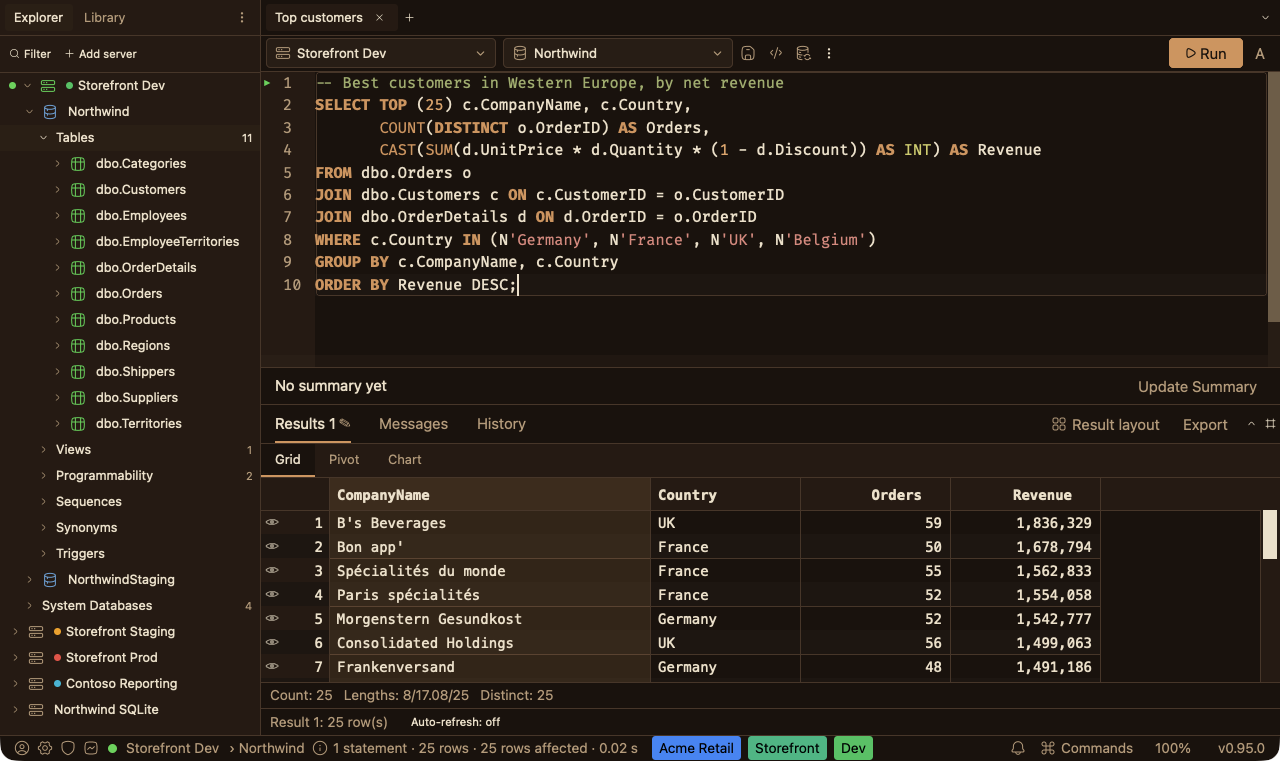 SQLly in the Sepia Dark theme: umber surfaces, ivory ink, and a copper-sienna accent