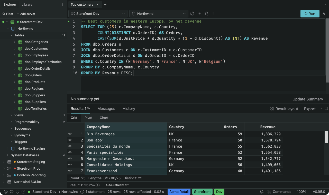 SQLly in the Signature Dark theme: teal-cast dark neutrals with a teal accent