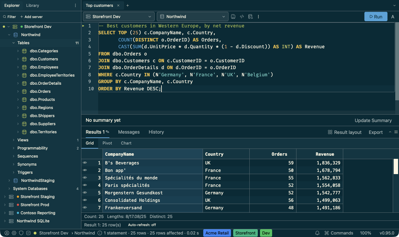 SQLly in the Solarized Dark theme: deep teal canvas with a blue accent