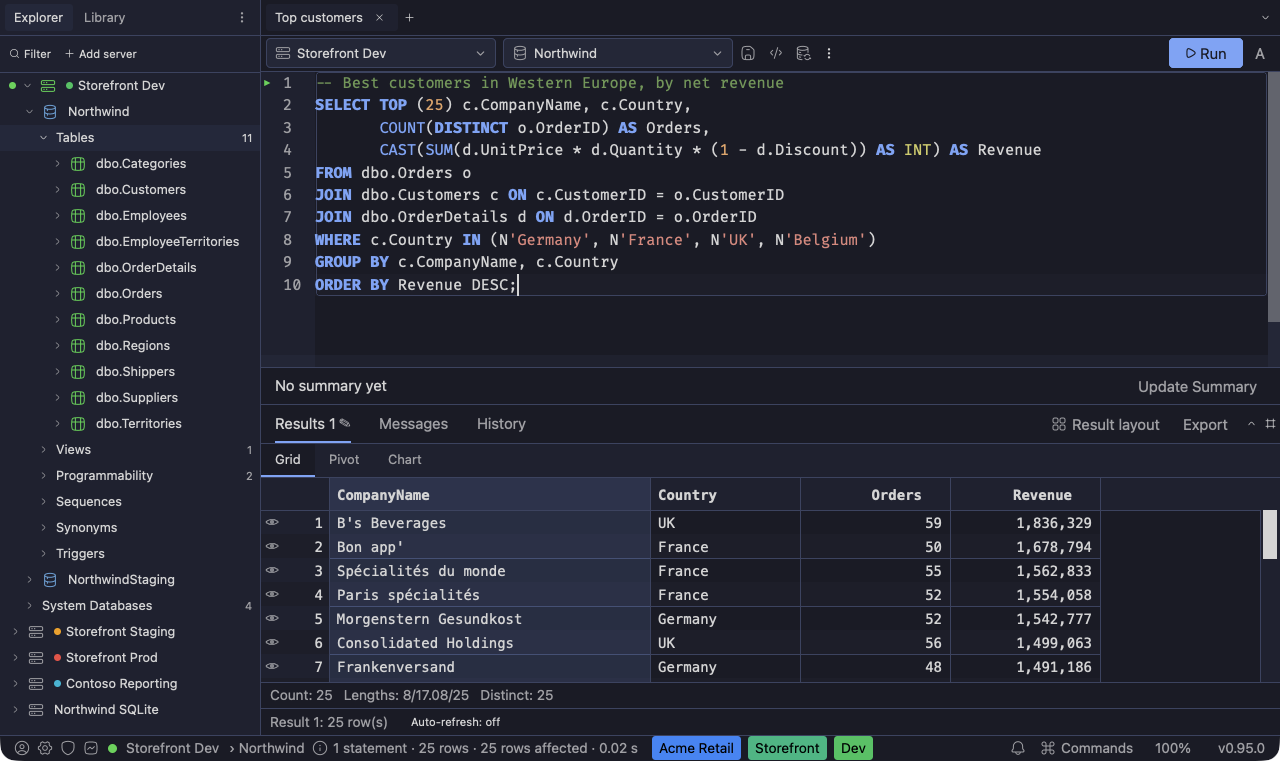 SQLly in the Tokyo Dark theme: deep indigo surfaces with a periwinkle accent