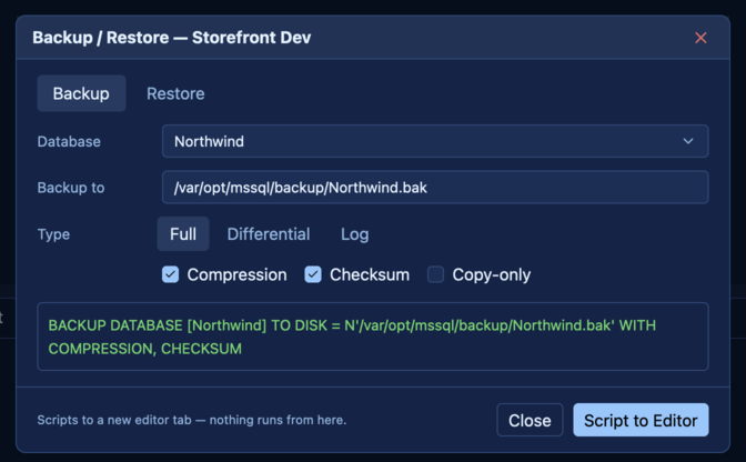 SQLly Backup and Restore dialog