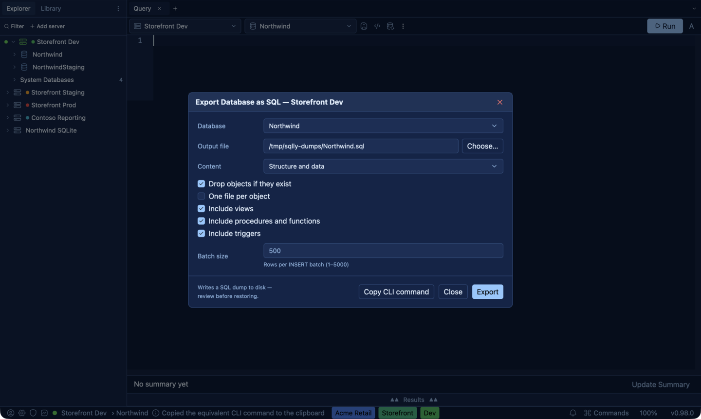 Copy CLI command: the Export Database as SQL dialog with the equivalent sqlly-cli dump-database line on the clipboard.
