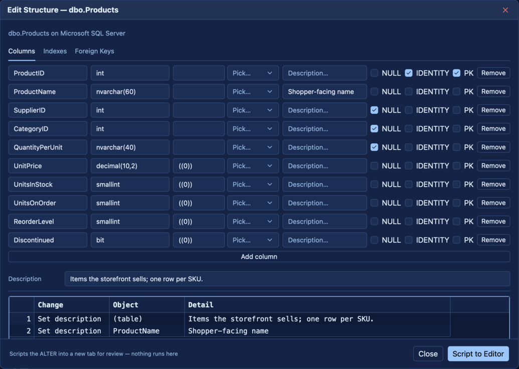 Edit Structure with the table description field and per-column description boxes, and the Set description rows in the change list.