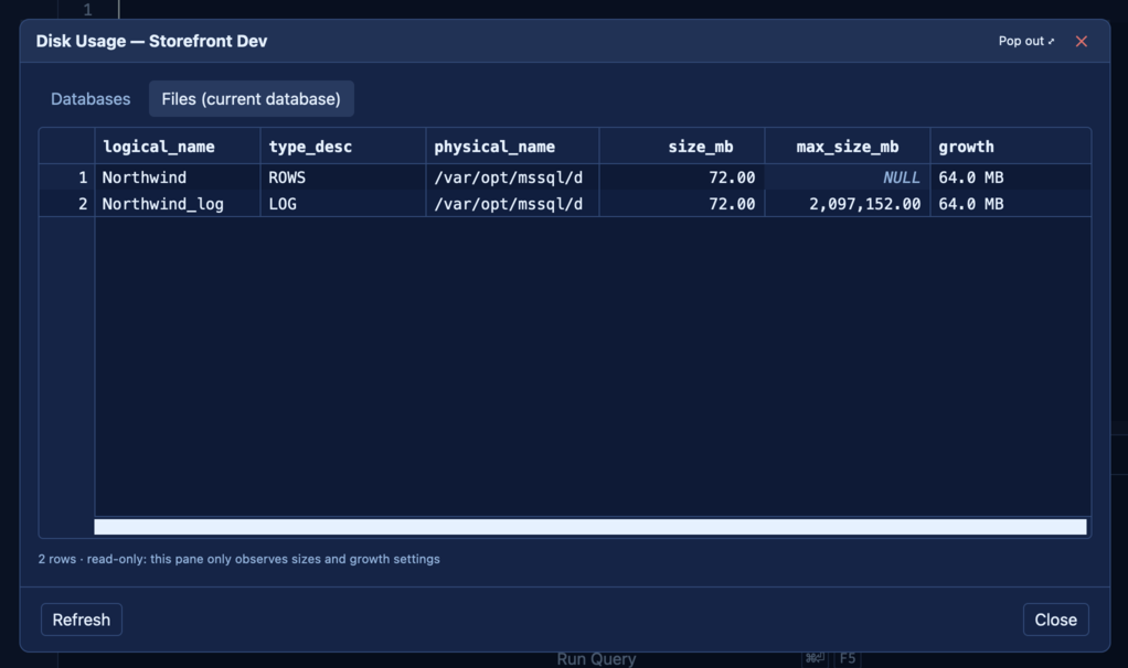 SQLly database-scoped Disk Usage files list
