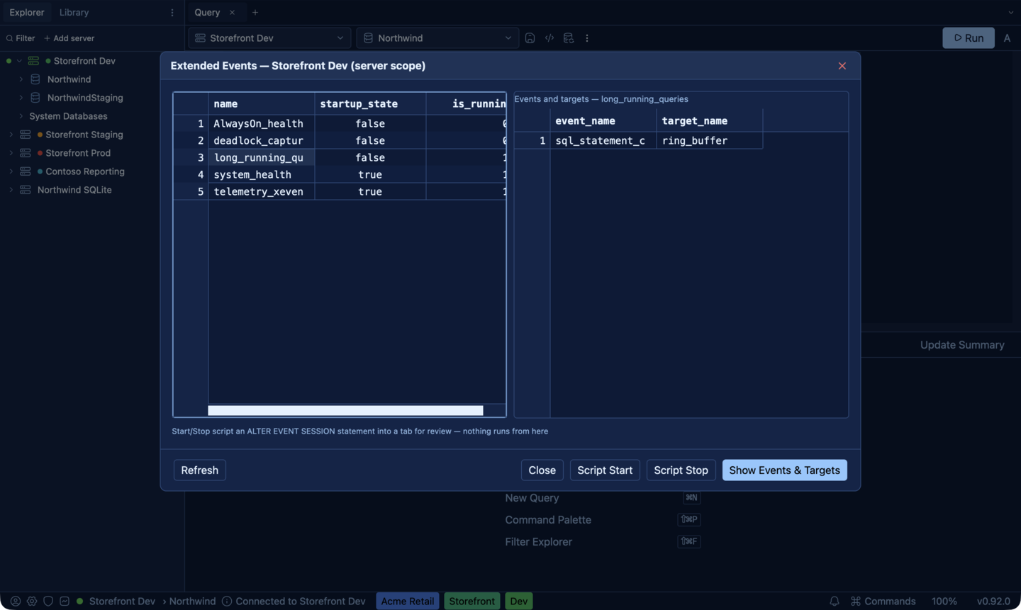 SQLly Extended Events pane