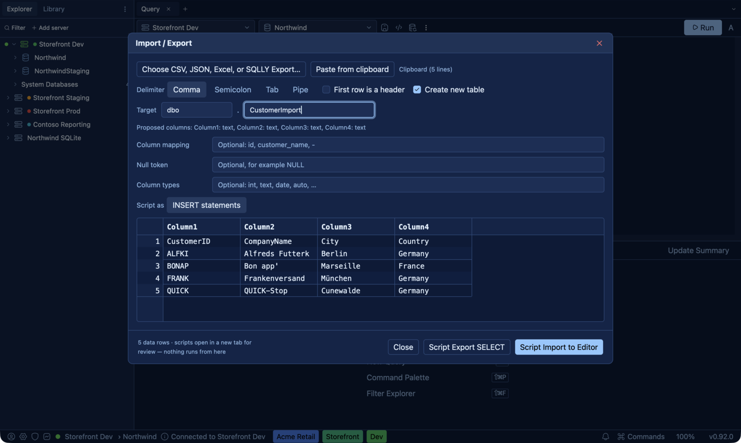 SQLly Import and Export wizard