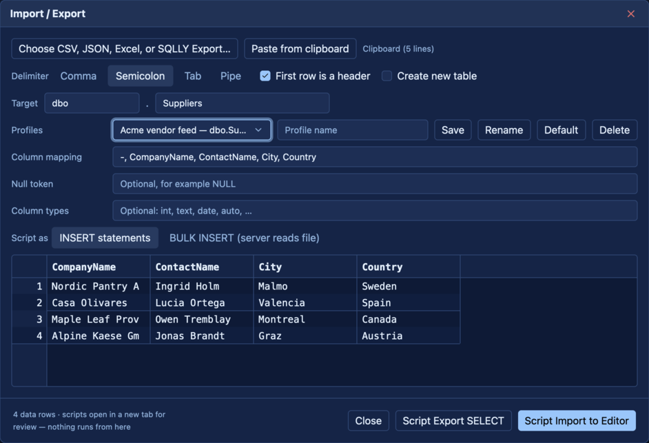 Import profiles: the Profiles row with a saved vendor-CSV profile applied to the wizard.