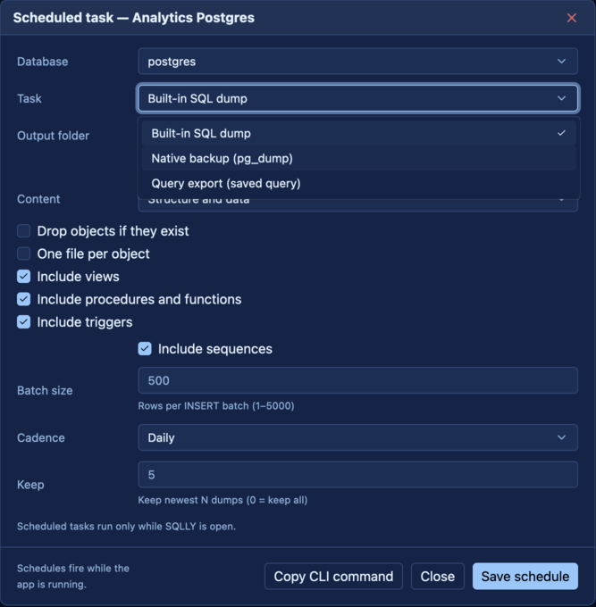 Schedule a task: the Task picker switches between a built-in dump, a native pg_dump backup, and a saved-query export.