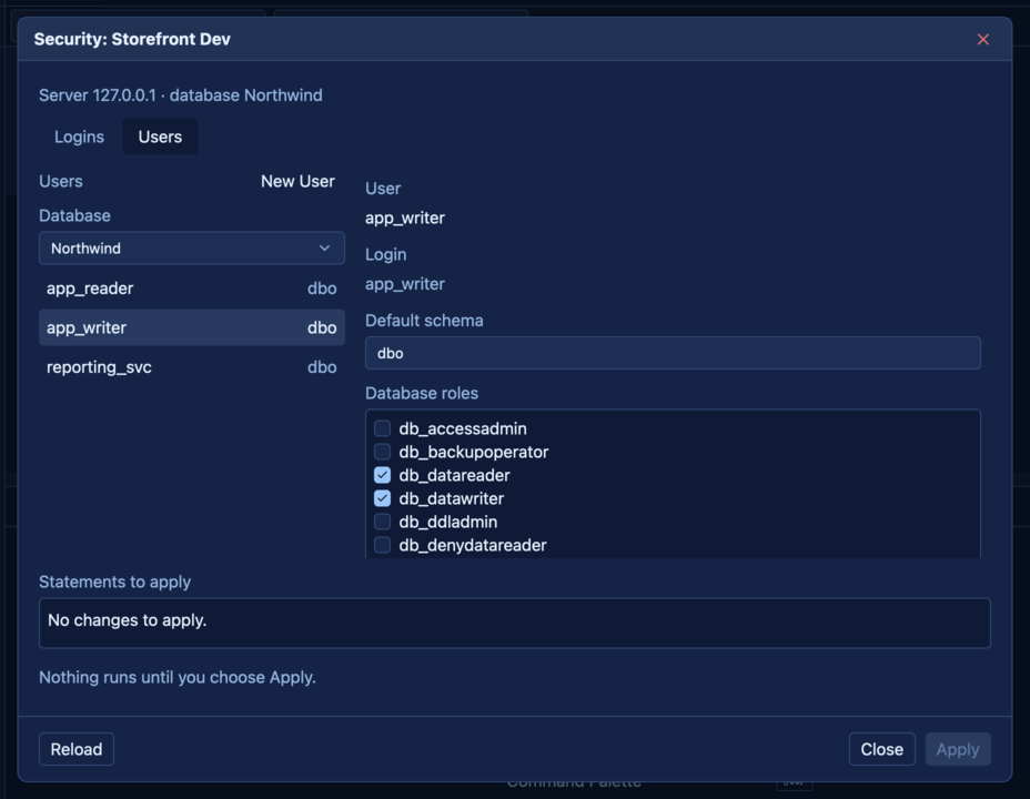 SQLly database security dialog