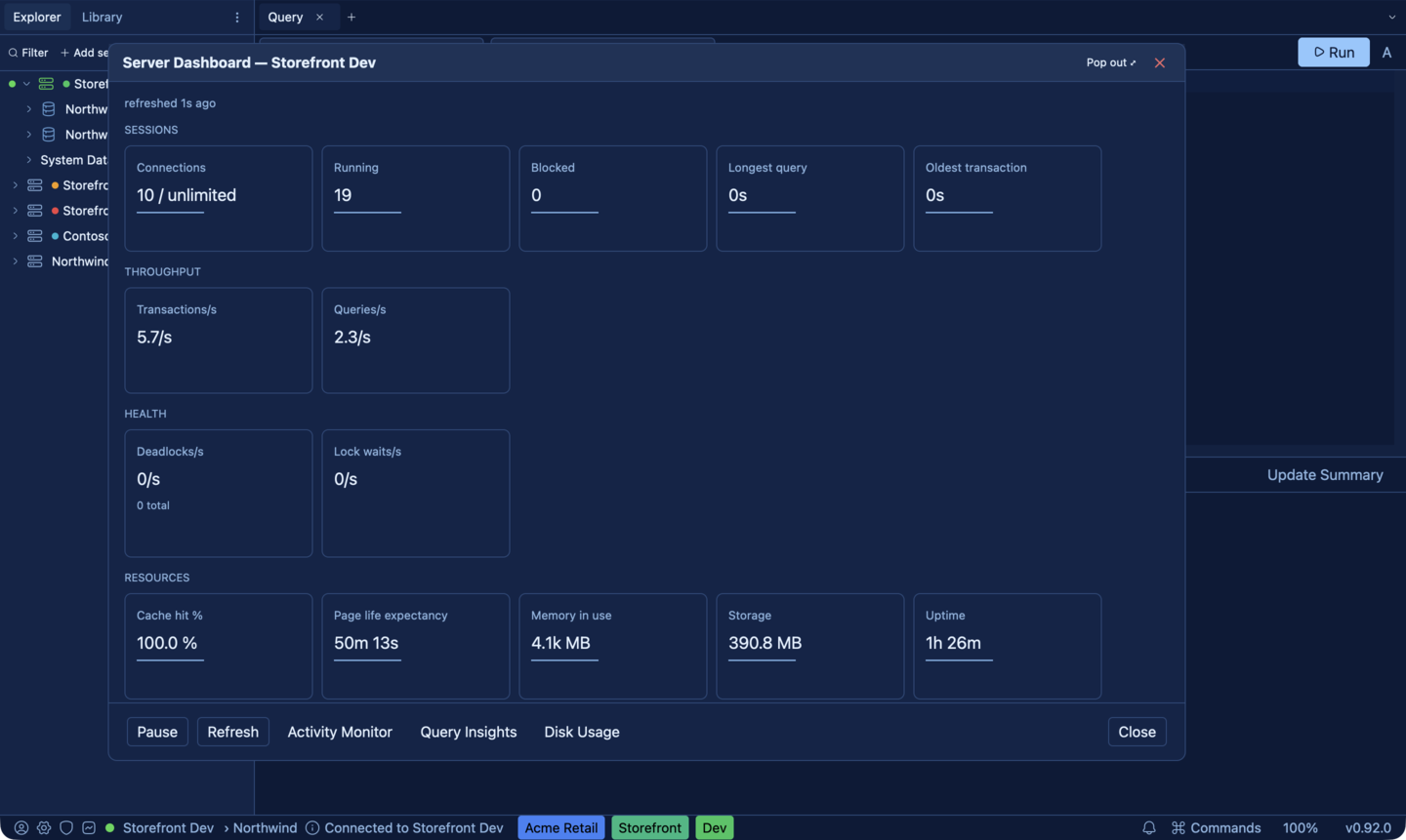 SQLly Server Dashboard with health tiles