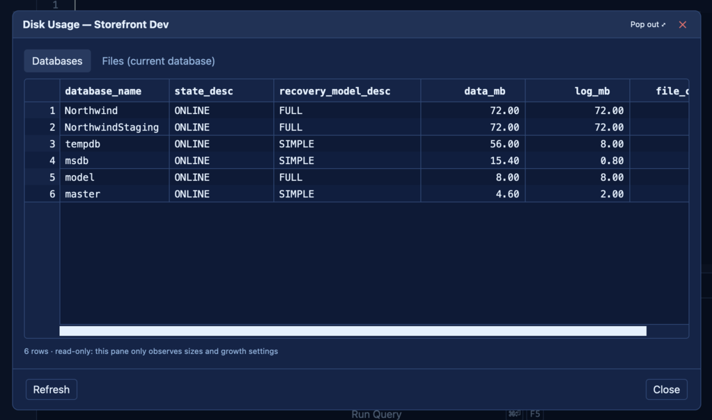 SQLly server-scoped Disk Usage listing all databases