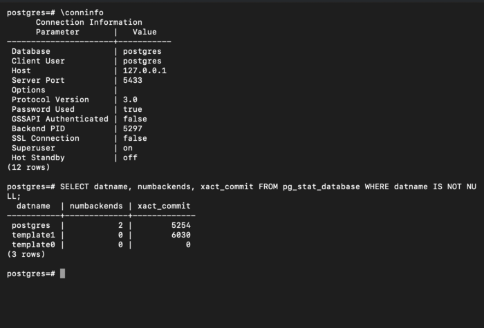 Open in Terminal: psql running in a new terminal window, connected with the profile's settings.