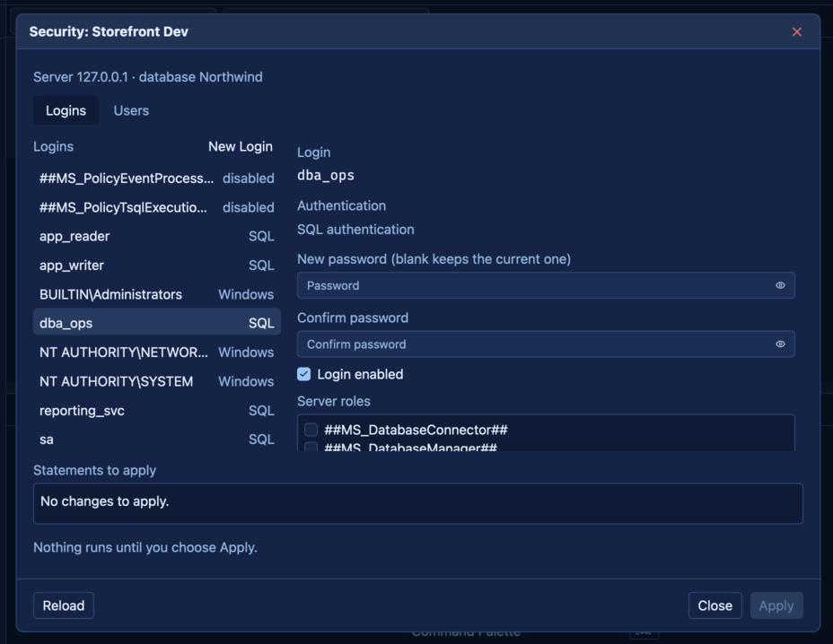 SQLly server security dialog