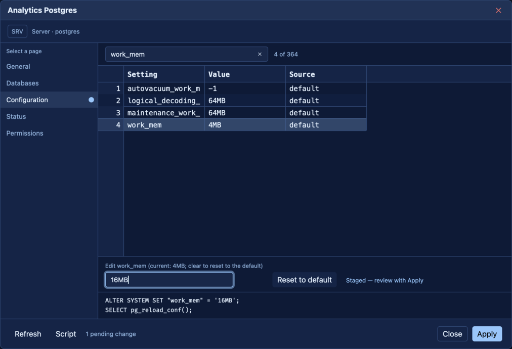 Configuration page: editing a dynamic setting, with the live SQL preview under the edit strip.