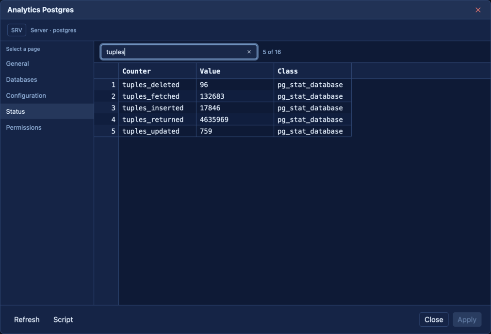 Server Properties, Status page: searchable status counters with the matching-row count.